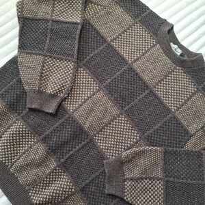 Vtg David Taylor 3D KNIT  Crew Neck Sweater Mens XL‎ Brown Patchwork 90's
